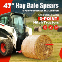 Load image into Gallery viewer, 47" 3 Point Hitch Adapter & Hay Bale Spear Fit for Category 1 Tractors W/2 Stabilizers Bale Spear 2" Receiver Loading 1-7/8" Gooseneck Ball Drawbar Hay Quick Hitch Attachment-Red 1200 LBS