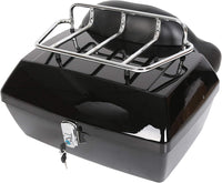 Load image into Gallery viewer, Black Motorcycle Luggage Trunk Compatible with Harley Honda Yamaha Suzuki Cruiser Motorcycle Luggage Tour Trunk Tail Box with Top Rack Backrest DMYS-B