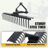Load image into Gallery viewer, 50In Landscape Rake Compatible with Category-0 Cat0 Tractor 3 Point & 5-Position Angle Adjustment for Garden, Farm, Grass Steel Powder Coated Black LYOM-374-BK