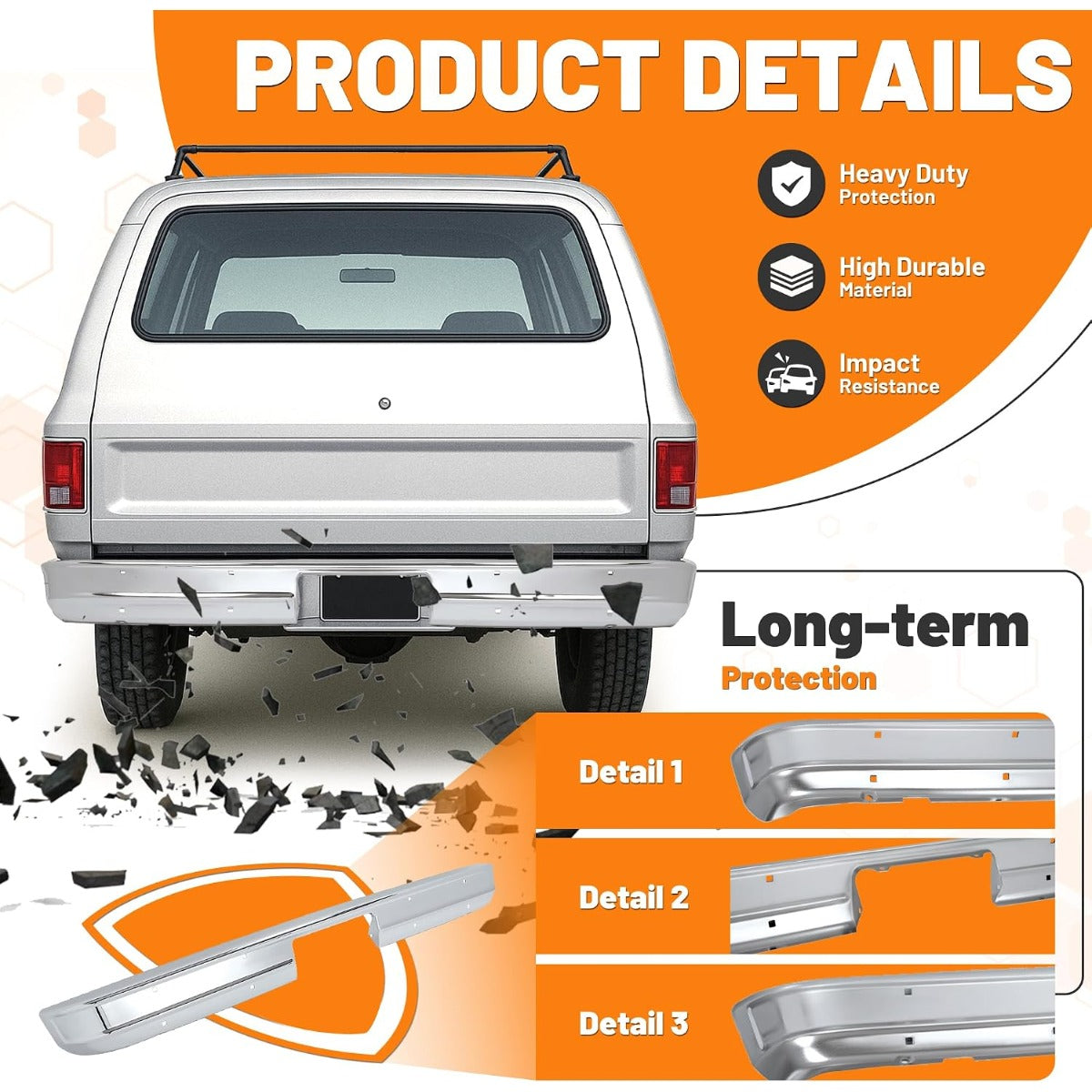 KUAFU Rear Bumper Face Bar Compatible with 1973-1980 Chevy Chevrolet GMC K5 K10 K20 C10 C20 C30 K15/K1500 K25/K2500 C25/C2500 C35/C3500 Suburban Pickup Jimmy Blazer Fleetside Steel Chrome Silvery