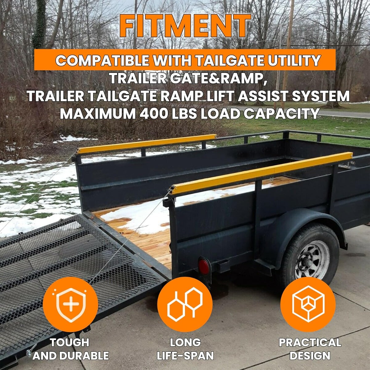 2-Sided Assist System Tailgate Utility Trailer Gate&Ramp w/ 12 to 24 Inch Height Side Rail 4 to 6 Feet Height Ramp Trailer Tailgate Ramp Lift Assist System Maximum 400 Lbs Load Capacity