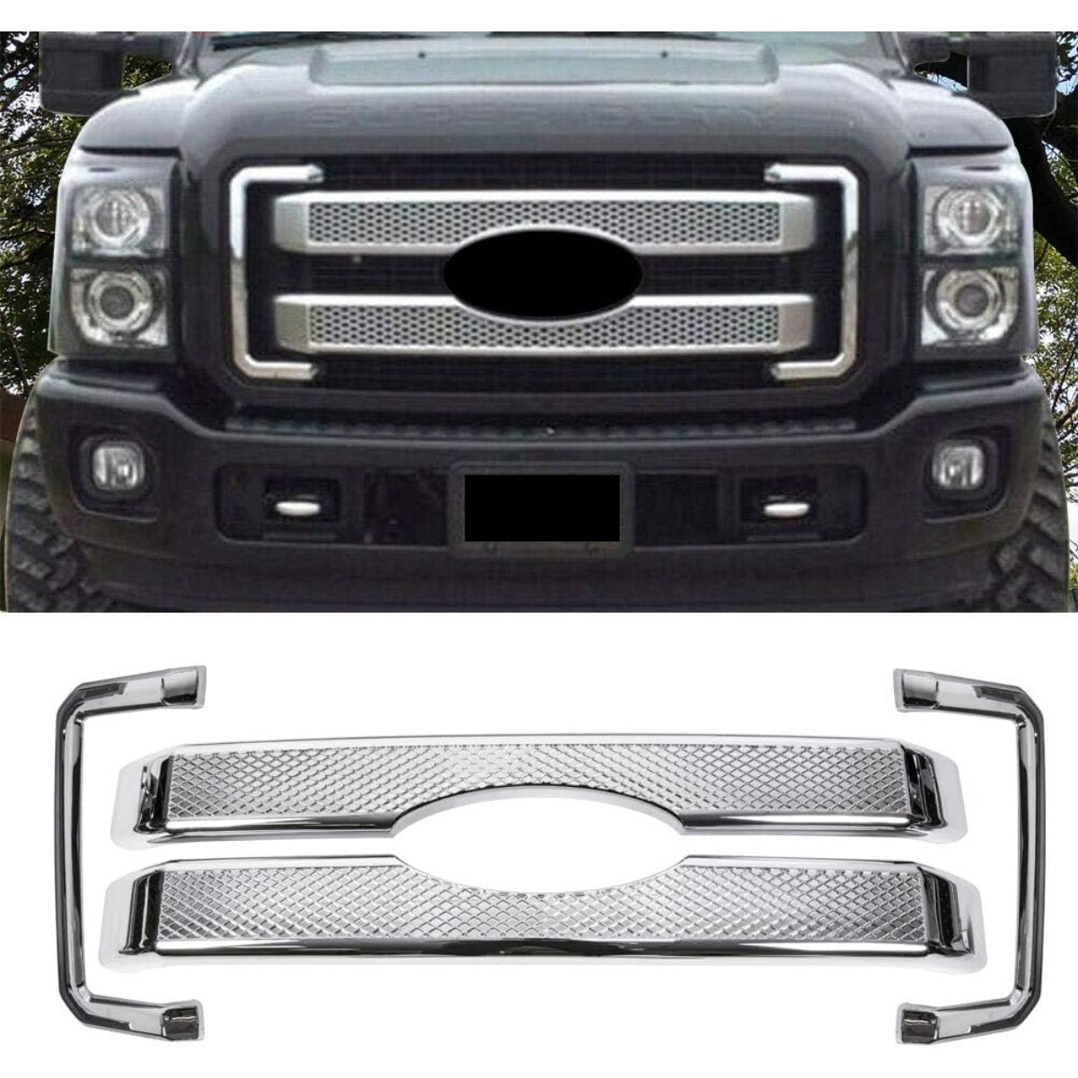 Mesh Grille Cover Compatible With 2011-2016 Ford F250 F350 Super Duty Chrome Bumper Grill Hood Overlay 4PCS Cover Only- NOT a Grille Replacement