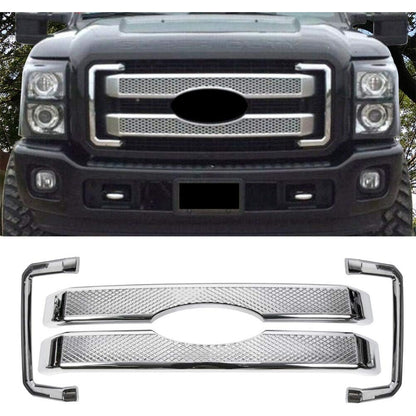 Mesh Grille Cover Compatible With 2011-2016 Ford F250 F350 Super Duty Chrome Bumper Grill Hood Overlay 4PCS Cover Only- NOT a Grille Replacement