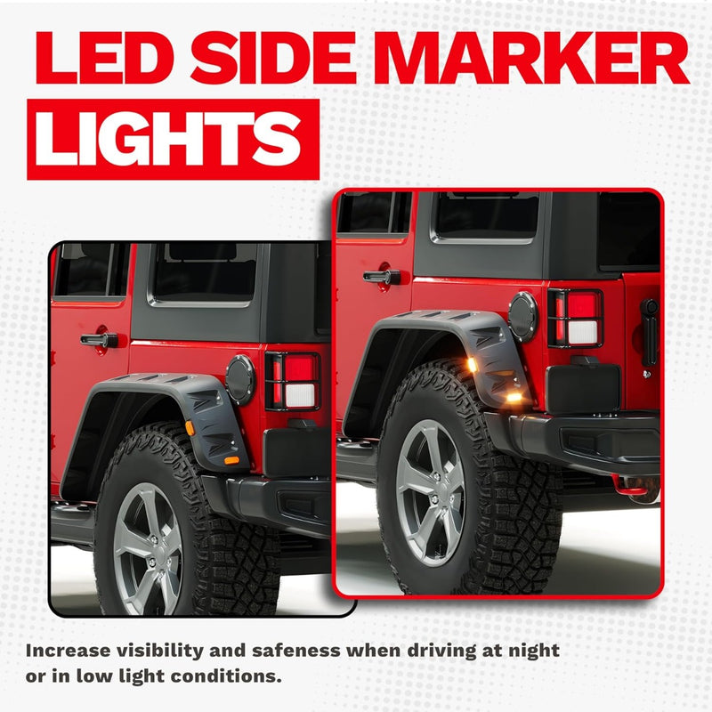 Fender Flares w/LED Side Maker Compatible with 2007-2018 Jeep JK Wrangler 2/4 Door Model Unlimited Rubicon Unlimited, Pocket-Riveted Style Smooth Matte Black Wheel Flares Cover 4Pcs LYAP-197