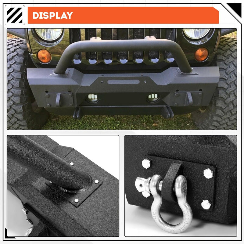 Stubby Front Bumper Compatible With 2007-2024 Jeep Wrangler JK JL Gladiator JT W/Fog Light Housing & D-rings Steel Powder Coated Black LYAM-295V