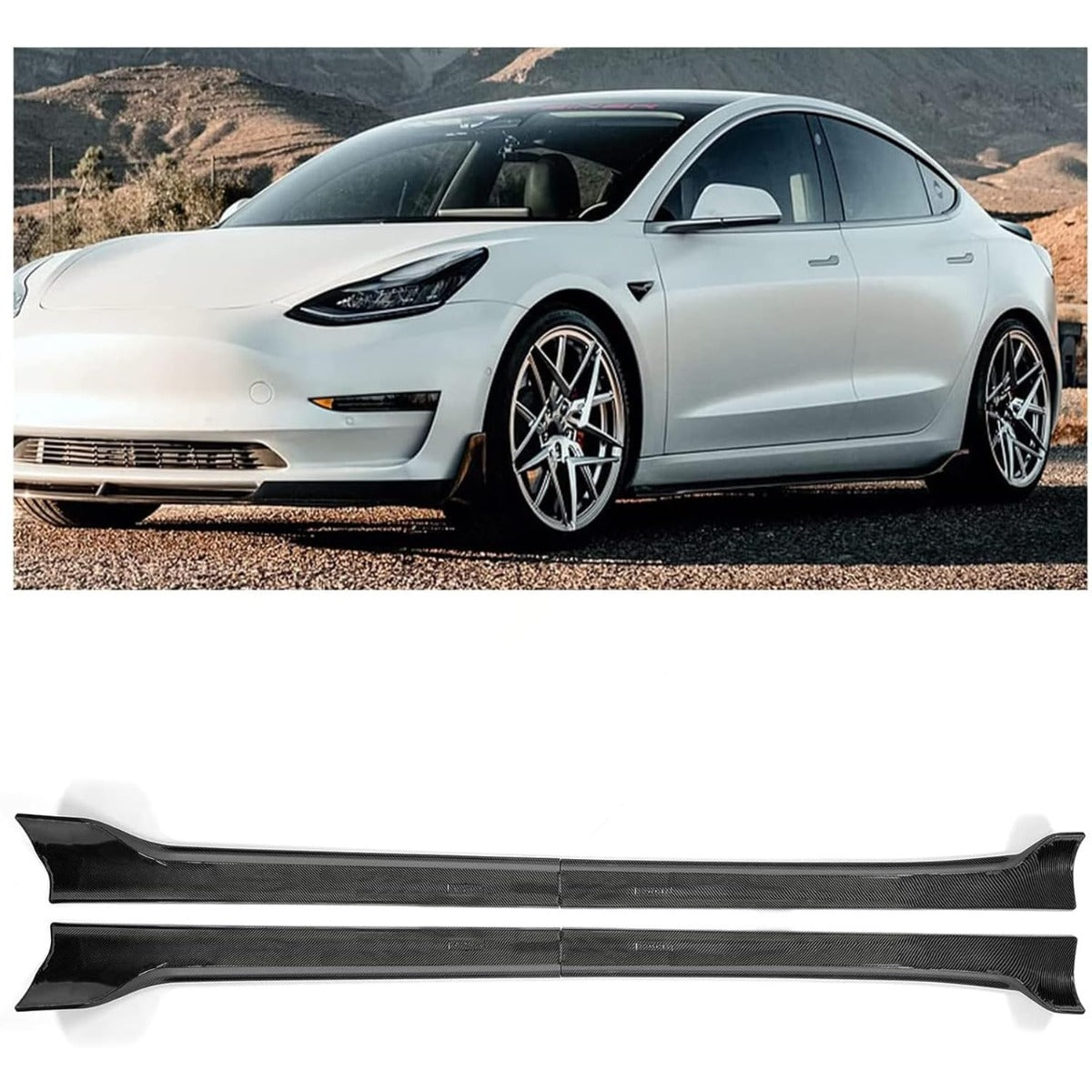 Side Skirt Extension Replacement 4Pcs Compatible with 2017-2023 Tesla Model 3 Carbon Fiber Printing Rocker Panels Guard Body Kit ABS Plastic Side Trim