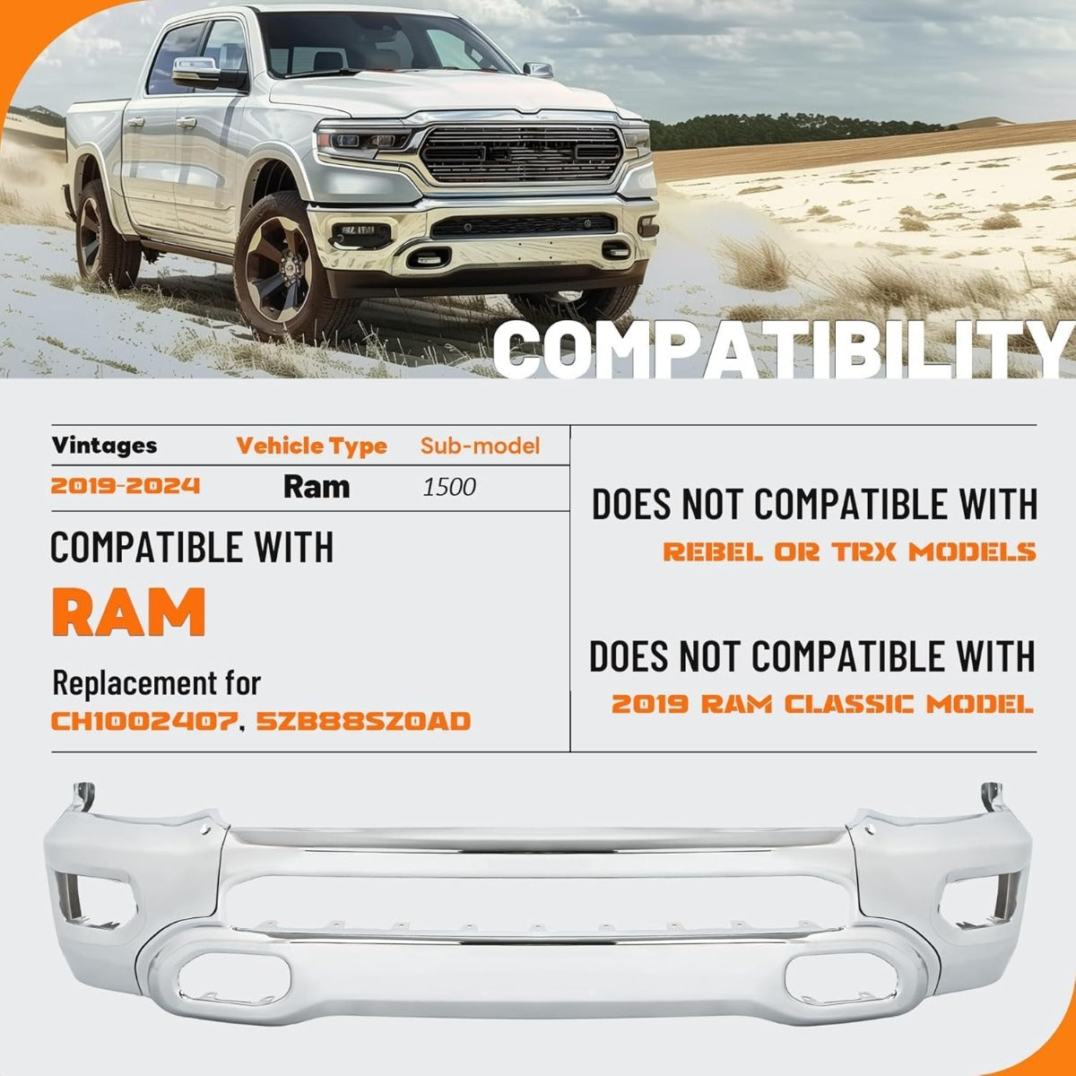 KUAFU Front Bumper Face Bar Compatible with 2019-2024 Dodge Ram 1500 W/Fog Lights & Sensor Holes, Hooks CH1002407, 5ZB88SZ0AD Steel Chrome Silvery Replacement Only 3PCS
