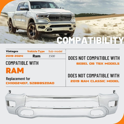 KUAFU Front Bumper Face Bar Compatible with 2019-2024 Dodge Ram 1500 W/Fog Lights & Sensor Holes, Hooks CH1002407, 5ZB88SZ0AD Steel Chrome Silvery Replacement Only 3PCS