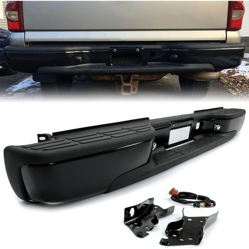Rear Step Bumper Compatible with 1999-2007 Chevy Chevrolet Silverado GMC Sierra 1500 2500 Classic Face Bar W/License Plate Lights Replace for GM1103122 12496085 GM1103124 Powder Coated Black LYAM-273T-2