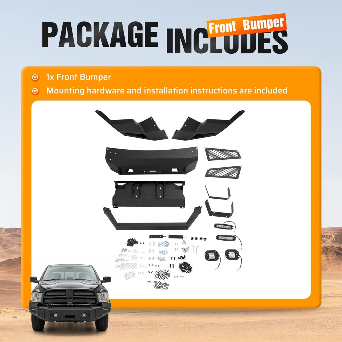 ALMULOO Front Bumper Compatible with 2009-2012 Dodge Ram 1500 w/Winch Plate, LED Lights & Bull Bar Steel Powder Coated(2 Packages)