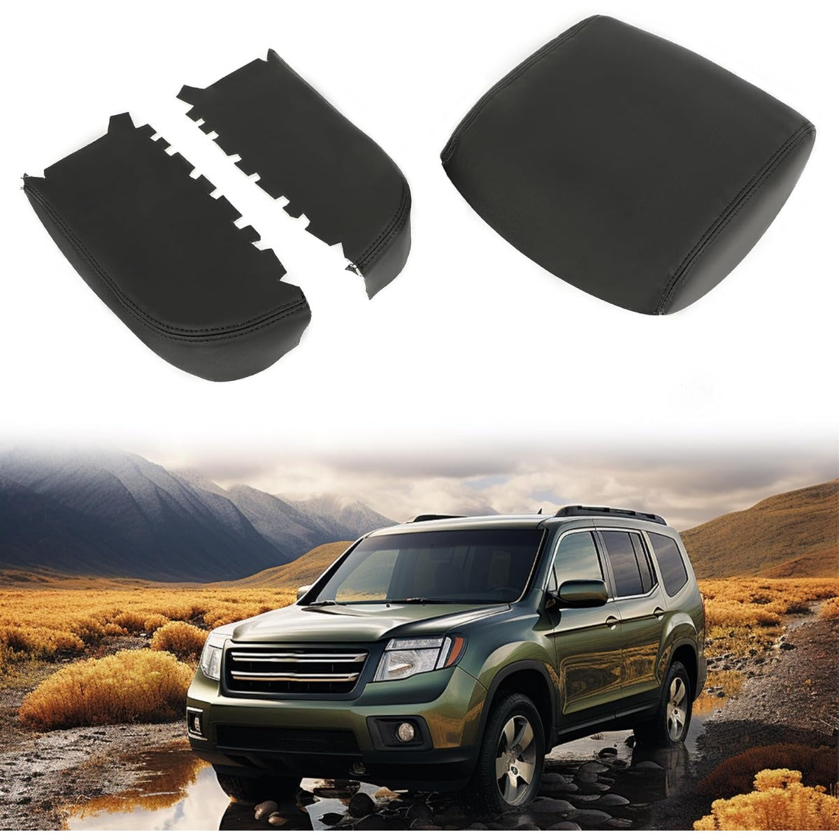 KUAFU Center Console & Front Door Armrest Cover Kit Compatible with 2009-2015 Honda Pilot Console Lid Cover Pad Replacement PVC Black