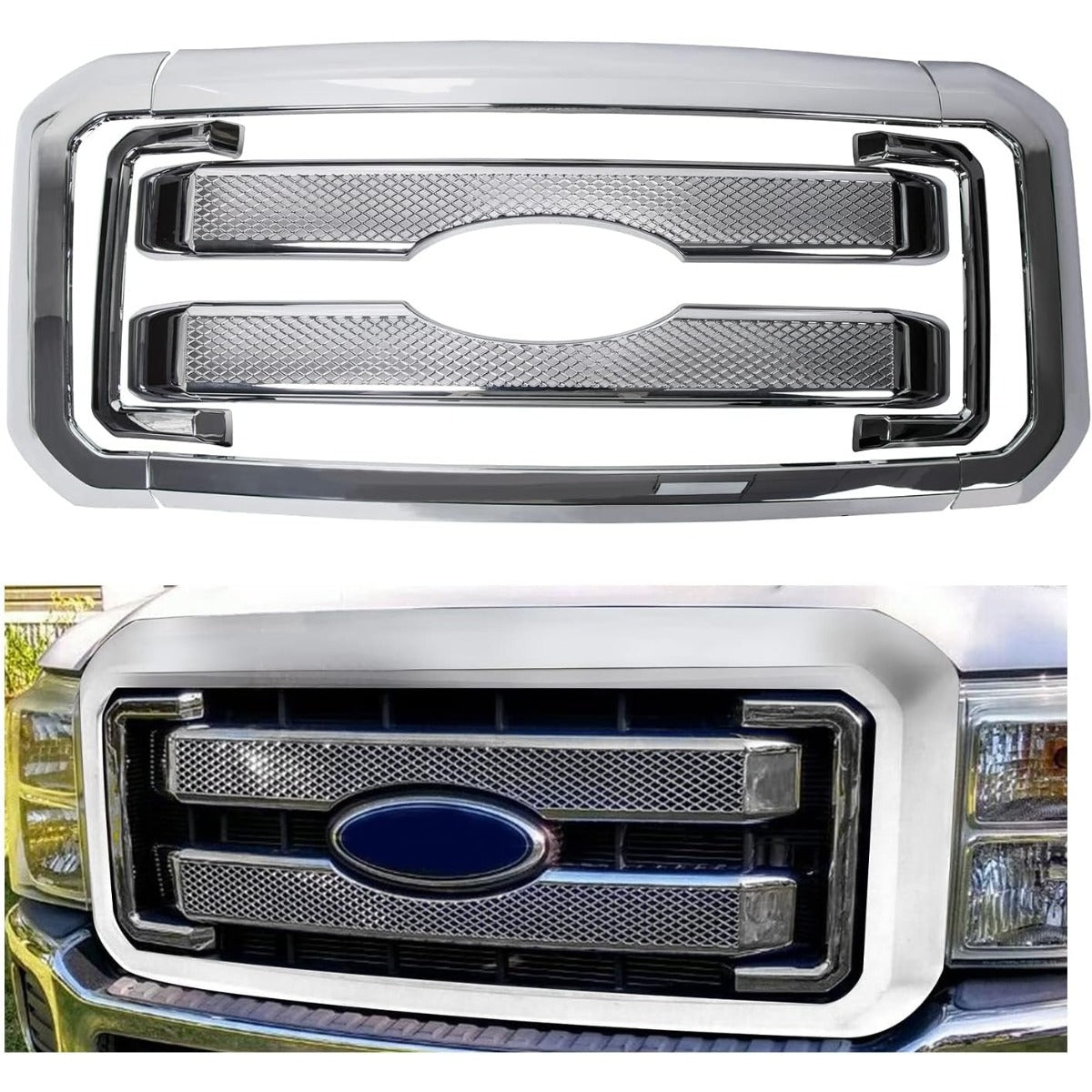 Mesh Grille Cover Compatible With 2011-2016 Ford F250 F350 Super Duty Chrome Bumper Grill Hood Overlay 4PCS Cover Only- NOT a Grille Replacement
