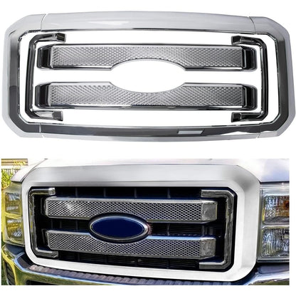 Mesh Grille Cover Compatible With 2011-2016 Ford F250 F350 Super Duty Chrome Bumper Grill Hood Overlay 4PCS Cover Only- NOT a Grille Replacement