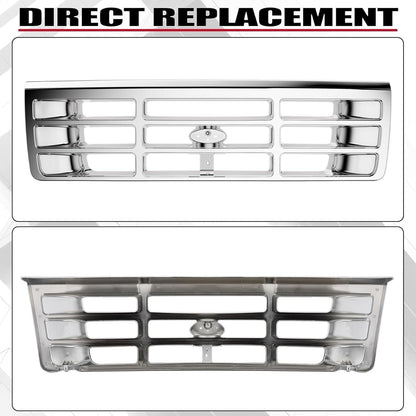 Front Grille Grill Compatible with 1992-1997 Ford Bronco F-150 F-250 HD F-350 Bumper Grille Replacement for FO1200173 F4TZ8200A Grill Assembly Chrome Silvery