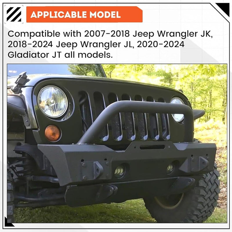 Stubby Front Bumper Compatible With 2007-2024 Jeep Wrangler JK JL Gladiator JT W/Fog Light Housing & D-rings Steel Powder Coated Black LYAM-295V