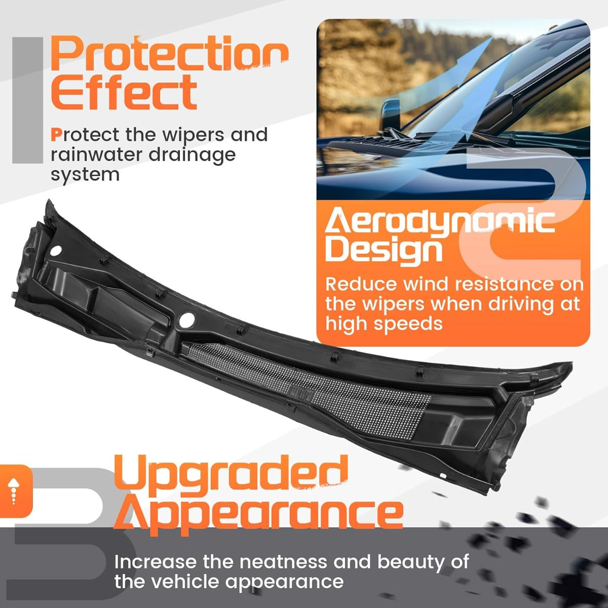 Windshield Wiper Cowl Panel Compatible with 2008-2020 Dodge Grand Caravan, 2008-2016 Chrysler Town & Country, 2012-2015 Ram C/V, Air Inlet Window Cover Cowl Top Panel 05113548AC Black Plastic