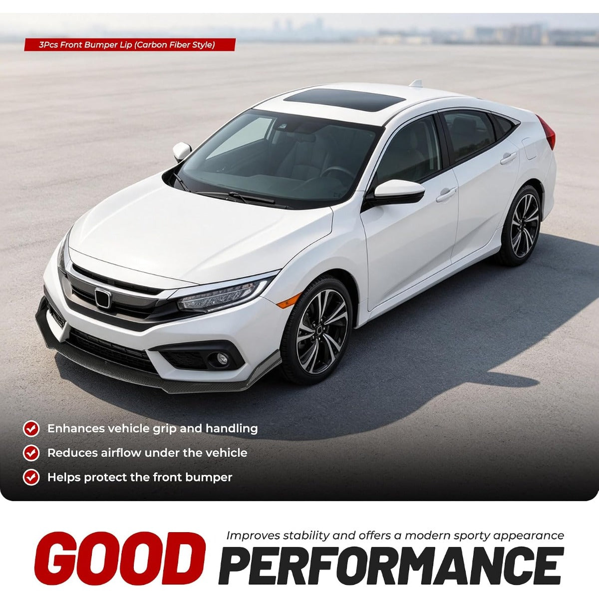 ALMULOO 3Pcs Front Bumper Lip Compatible with 2016-2021 Honda Civic Sedan