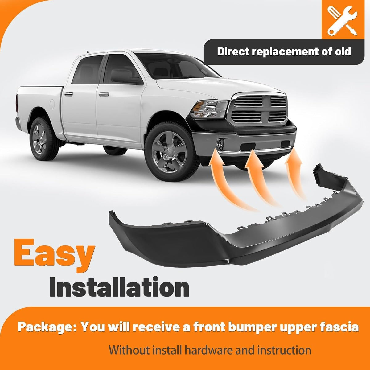 Front Bumper Cover Top Pad Compatible with 2013-2018 Ram 1500, 2019-2024 Ram 1500 Classic,Primed,W/O Fog Light & Sensor Hole,Front Upper Bumper Cover Replacement for 68197697AA CH1014108