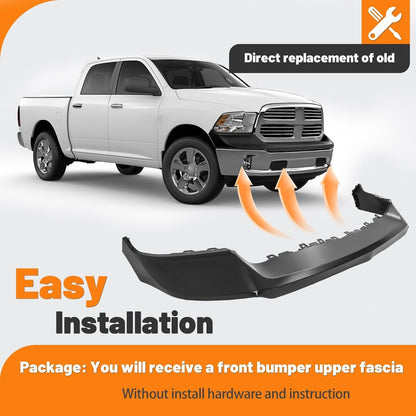 Front Bumper Cover Top Pad Compatible with 2013-2018 Ram 1500, 2019-2024 Ram 1500 Classic,Primed,W/O Fog Light & Sensor Hole,Front Upper Bumper Cover Replacement for 68197697AA CH1014108