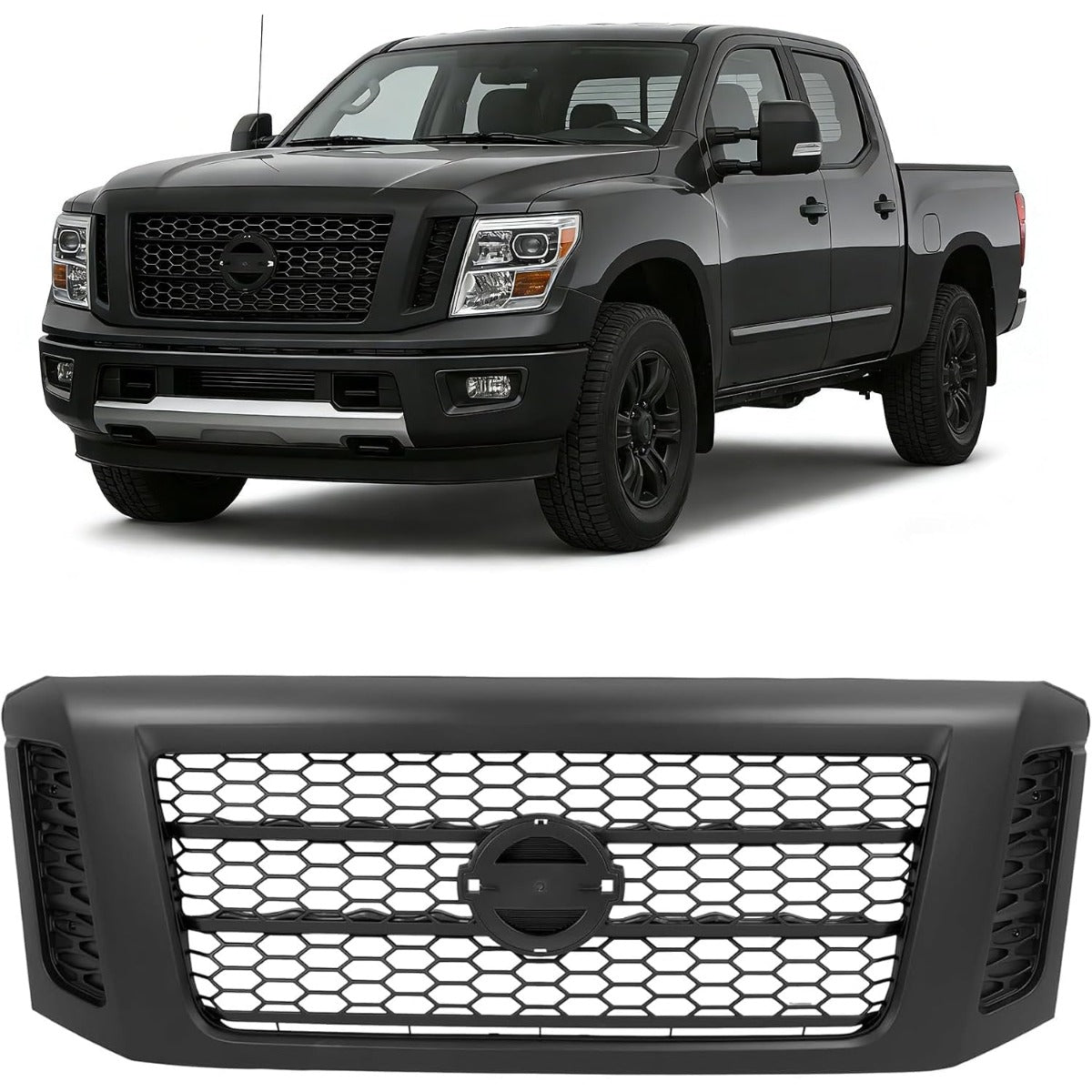 ALMULOO Front Bumper Grille Grill Compatible with 2017-2019 Nissan Titan XD Matte Black Painted