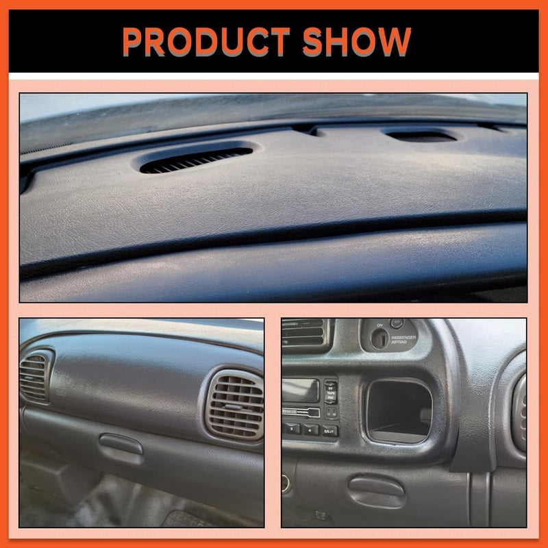 Dash & Bezel Cover Compatible with 1998-2002 Dodge Ram 1500 2500 3500 Trucks Black Dash Pad Cap Bezel W/Vents & Grey Dashboard Overlay Cover Instrument (You Will Receive 2 Packages) LYAP-299S-2+LYAP-267T-2