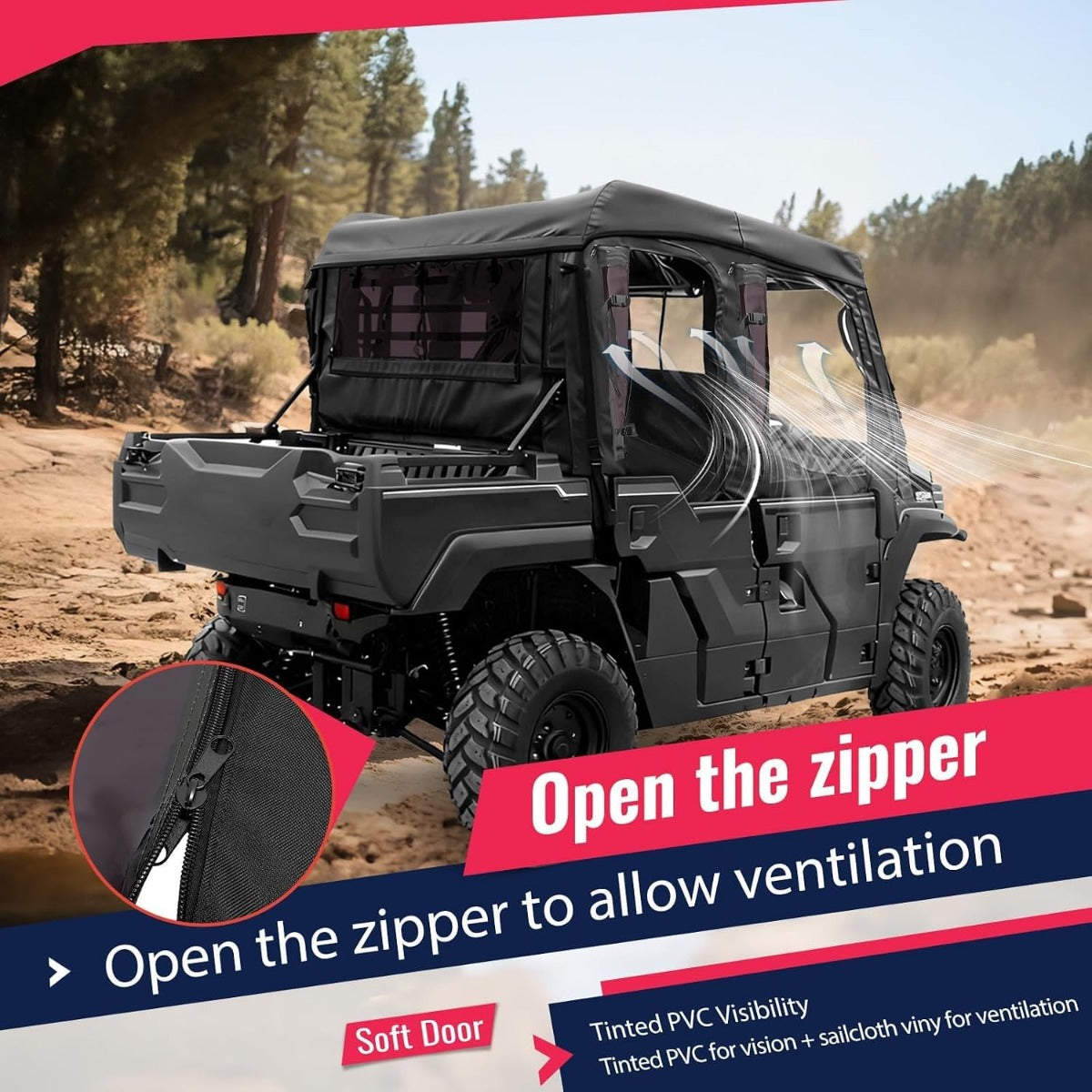 UTV Upper Half Soft Door+Soft Top+Rear Window W/Zipper Compatible with Kawasaki Mule Pro FXT Cab Enclosure Black+Tinted Plastic