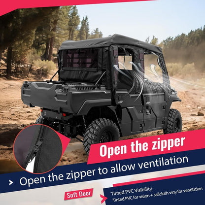 UTV Upper Half Soft Door+Soft Top+Rear Window W/Zipper Compatible with Kawasaki Mule Pro FXT Cab Enclosure Black+Tinted Plastic