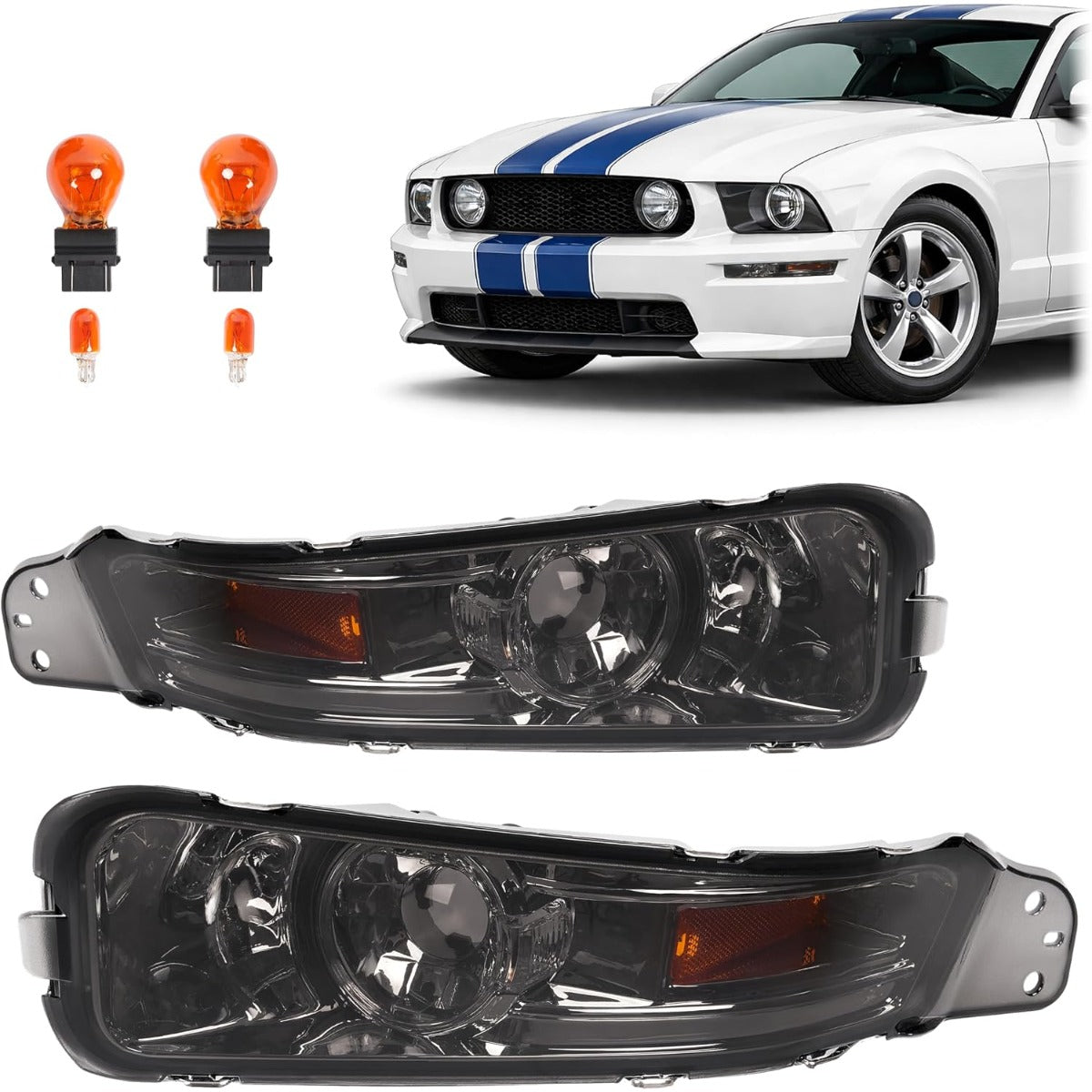 HECASA Pair Turn Signal Lights Compatible with 2005-2009 Ford Mustang Replacement for FO2521180 FO2520180 Front Bumper Lights Side Marker Lamps Plastic Left & Right Side Smoke Lens Chrome Housing