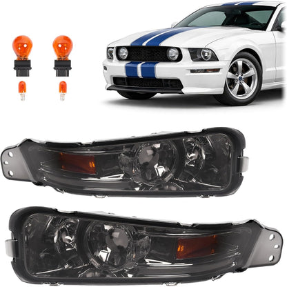 HECASA Pair Turn Signal Lights Compatible with 2005-2009 Ford Mustang Replacement for FO2521180 FO2520180 Front Bumper Lights Side Marker Lamps Plastic Left & Right Side Smoke Lens Chrome Housing