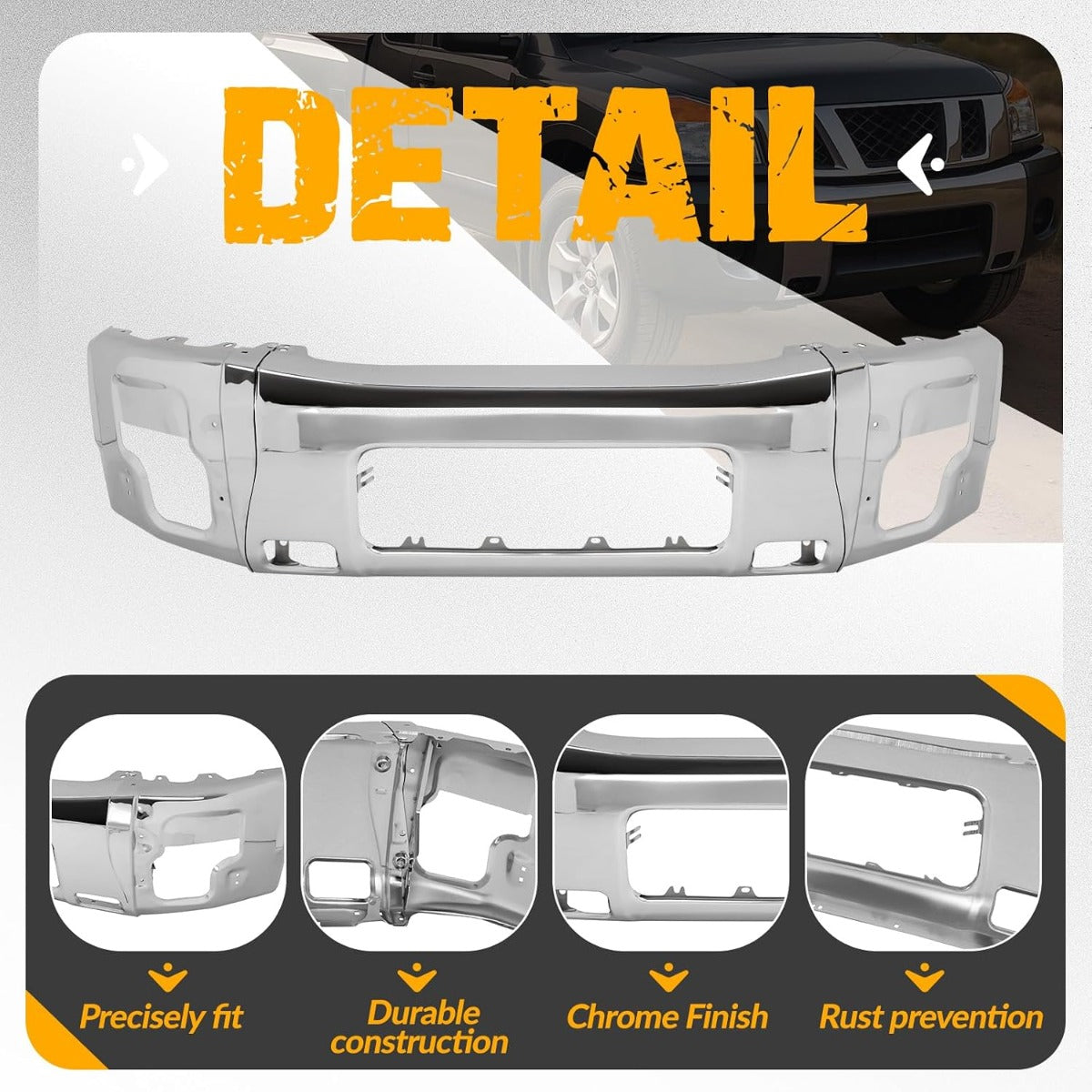 Front Bumper Face Bar Compatible with 2004-2015 Titan, 2005-2007 Nissan Armada, 2004 Pathfinder Armada, Replacement for 62022ZR08A NI1002136 Steel Chrome Silvery 3Pcs