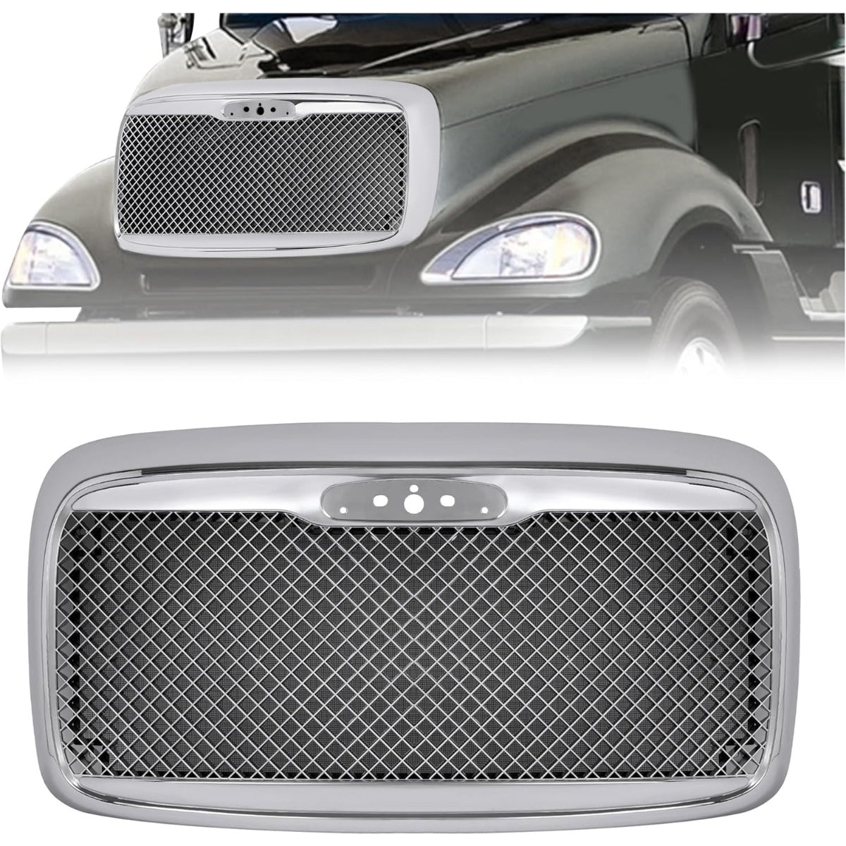 Front Upper Grille Compatible with 2000-2016 Freightliner Columbia Bumper Grill w/Bug Screen Chrome Steel+Plastic Silvery