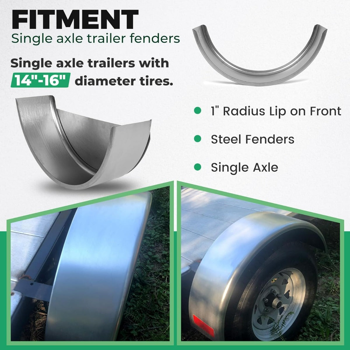 Steel Round Single Axle Trailer Fender and Fender Back Fits 14¡± to 16¡± Diameter Wheels - 32¡± x 9¡± x 15¡± LYOM-002X1