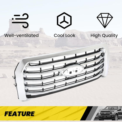 Front Bumper Grille Compatible with 2015-2017 Ford F-150 Replacement for FO1200582 FL3Z8200EA Grill Chrome Silvery