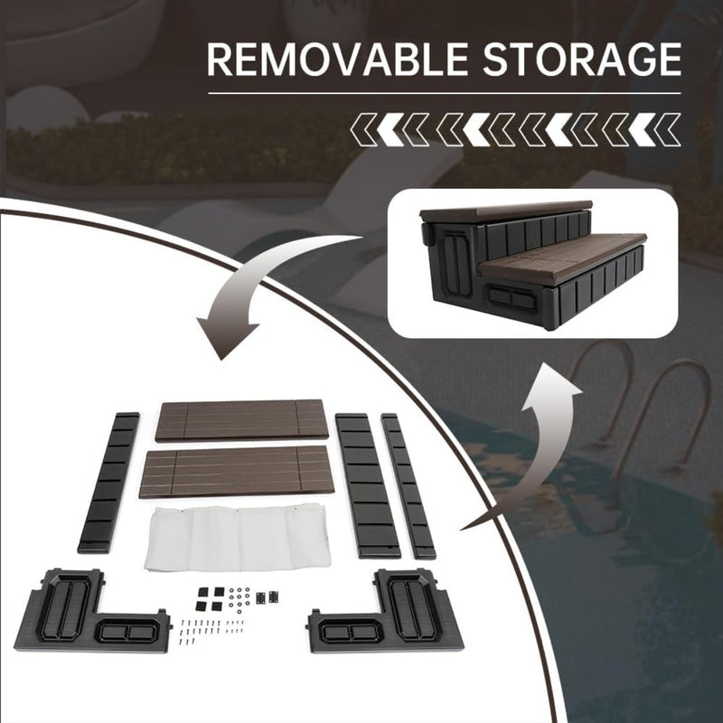 KUAFU  Universal Spa Hot Tub Step with Storage Outdoor Indoor Compartment Spa 2-Step Stool Pool Ladder Plastic Handi Step Slip Resistant Striped Brown+Black LYOP-107-1