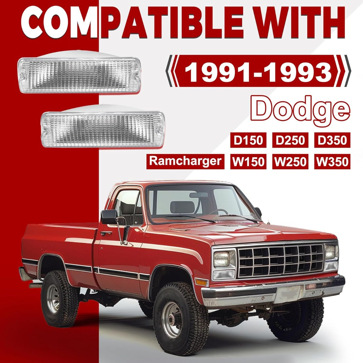 HECASA Pair Turn Signal Light Compatible with 1991-1993 Dodge D150 D250 D350 W150 W250 W350 Ramcharger Running Light Signal Lamp Replacement for CH2520106 CH2521106 Driver & Passenger Side Clear Lens