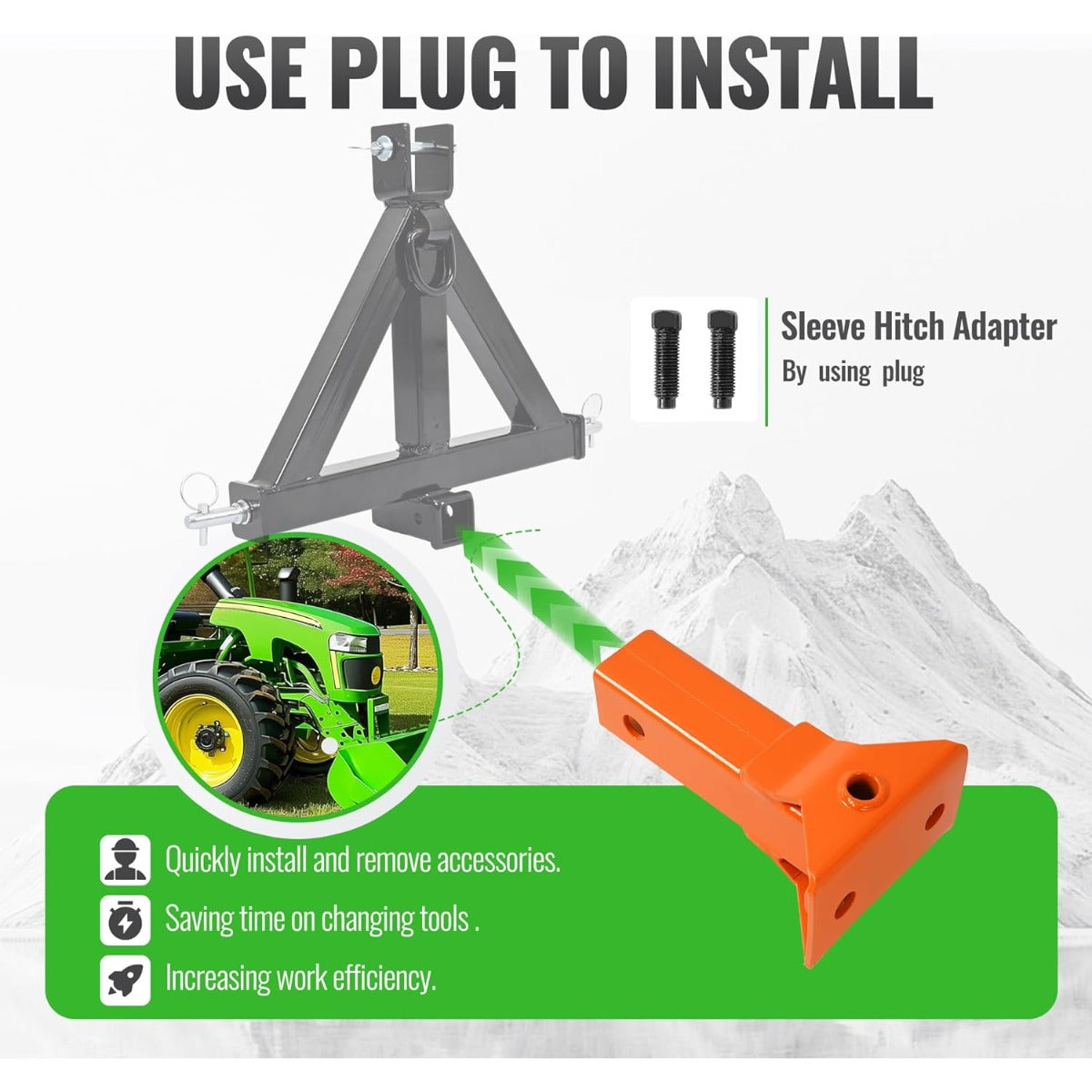 Sleeve Hitch Adapter Fit for 2 Inches Receiver Compatible with 3-Point Hitch Sub-Compact Tractor Steel Lawn Garden Farm Tractor Hitch Adapter Orange