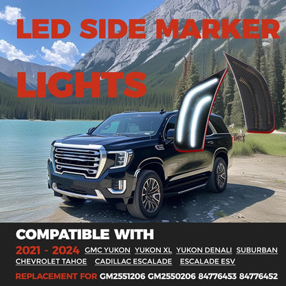 HECASA Front LED Side Marker Light Compatible with 2021-2024 GMC Yukon/Yukon XL/Yukon Denali Chevy Chevrolet Tahoe Cadillac Escalade/Escalade ESV 5th Suburban 12th Smoke Lens White Light