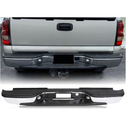 ECOTRIC Rear Step Bumper Bar Chrome Compatible with 1999-2006 Chevy Chevrolet Silverado GMC Sierra 1500 2500 W/Pad & License Plate Lights Replacement for GM1103122 12496085 FLEET SIDE BED ONLY