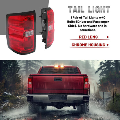 HECASA Tail Lights Assembly Compatible with 2014-2018 Chevy Chevrolet Silverado 1500/2500/3500 HD GMC Sierra 3500 HD Dually Model Replace for GM2800261 Brake Lamps Red Lens & Chrome Housing Pair