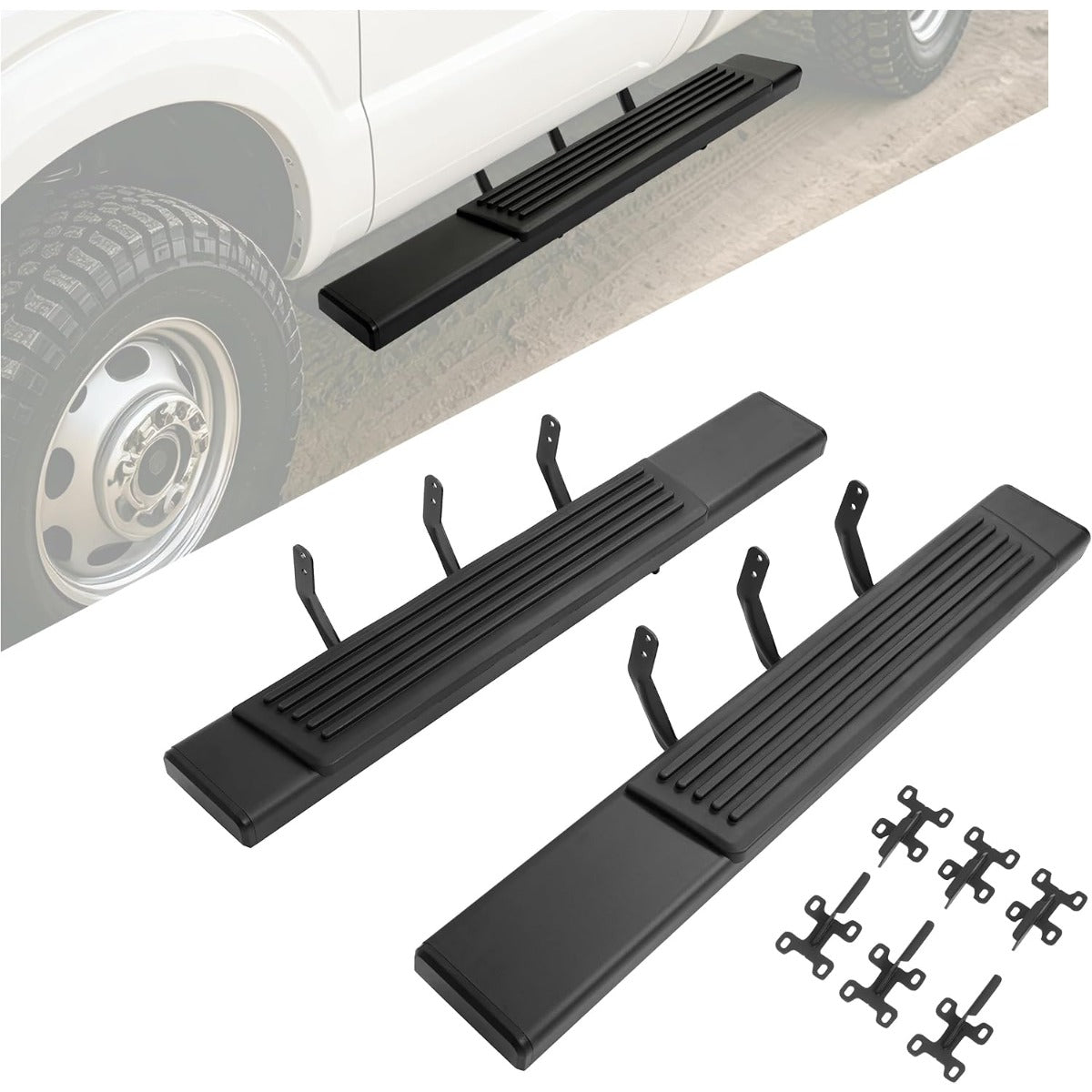 ALMULOO Running Boards Side Steps Compatible with 1999-2016 Ford F-250 F-350 F-450 Super Duty Regular Cab Nerf Bars Steel+Plastic Powder Coated+Textured Black