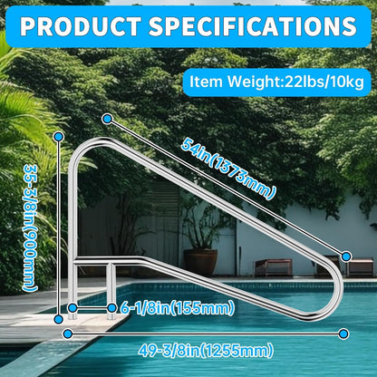 ECOTRIC Pool Handrail Swimming Pool Stair Rail 49-3/8"X35-3/8 304 Stainless | Steel Deck Mounted Cross Brace 300Lbs Load Capacity