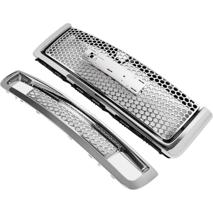 Front Upper & Lower Grill Compatible with 2007-2013 GMC Sierra 1500 Denali Bumper Grille Chrome Silvery