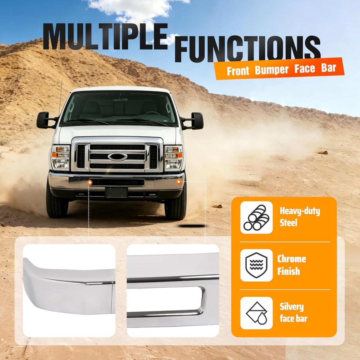 ALMULOO Steel Front Bumper Face Bar Compatible with 2008-2014 Ford E-150/E-250 and 2008-2019 Ford E-350 Super Duty/E-450 Super Duty Replace 8C2Z17757B FO1002410 Chrome Silvery split design in 3pcs