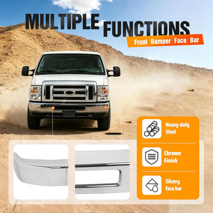 ALMULOO Steel Front Bumper Face Bar Compatible with 2008-2014 Ford E-150/E-250 and 2008-2019 Ford E-350 Super Duty/E-450 Super Duty Replace 8C2Z17757B FO1002410 Chrome Silvery split design in 3pcs