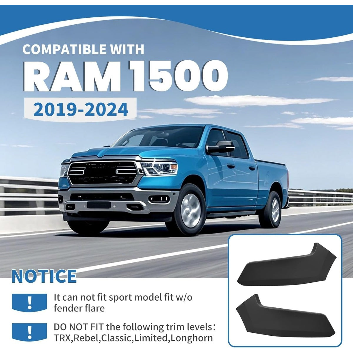 KUAFU Bumper End Filler Panel Kit Compatible with 2019-2024 Ram 1500 Matted