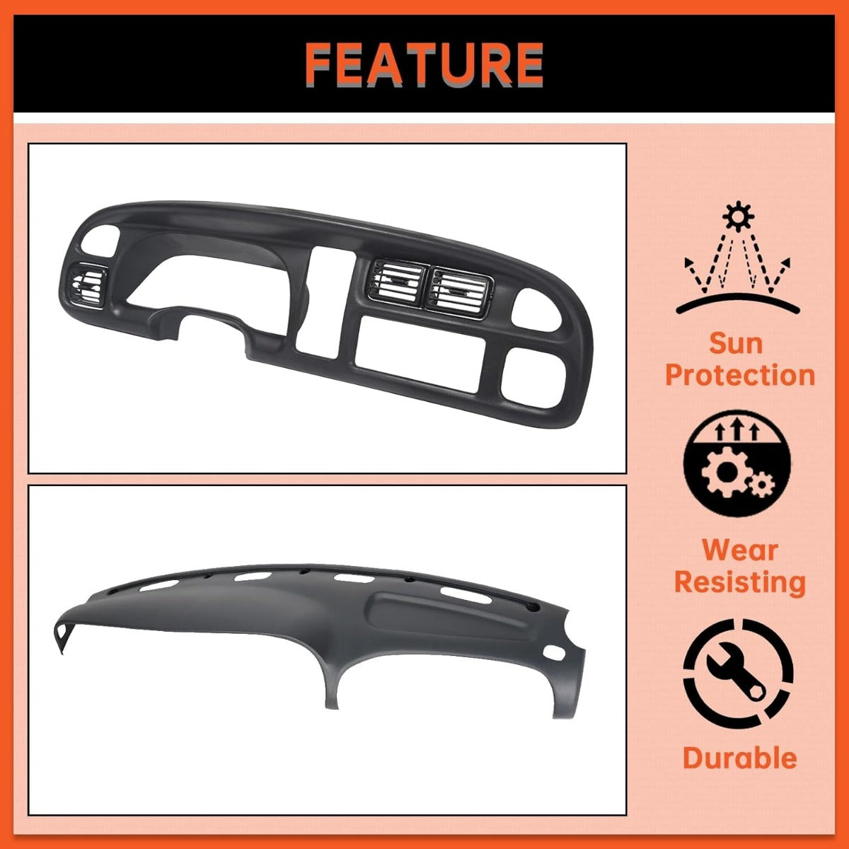 Dash & Bezel Cover Compatible with 1998-2002 Dodge Ram 1500 2500 3500 Trucks Black Dash Pad Cap Bezel W/Vents & Grey Dashboard Overlay Cover Instrument (You Will Receive 2 Packages) LYAP-299S-2+LYAP-267T-2