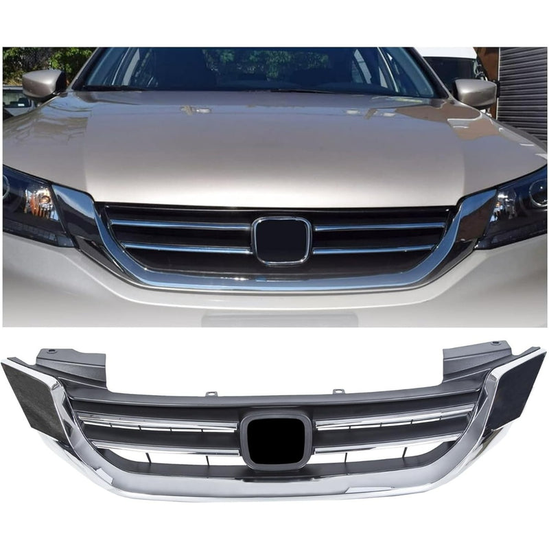 Front Bumper Hood Grille Grill Compatible with 2013-2015 Honda Accord 4D Replacement for 71121T2FA01 HO1200214 Black & Chrome (4 Door Sedans ONLY) KX-014