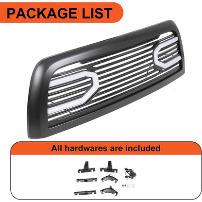 Front Bumper Grill Compatible with 2009-2012 Dodge Ram 1500 Hood Grille Replacement Shell (Black, W/Light)
