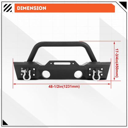 Stubby Front Bumper Compatible With 2007-2024 Jeep Wrangler JK JL Gladiator JT W/Fog Light Housing & D-rings Steel Powder Coated Black LYAM-295V