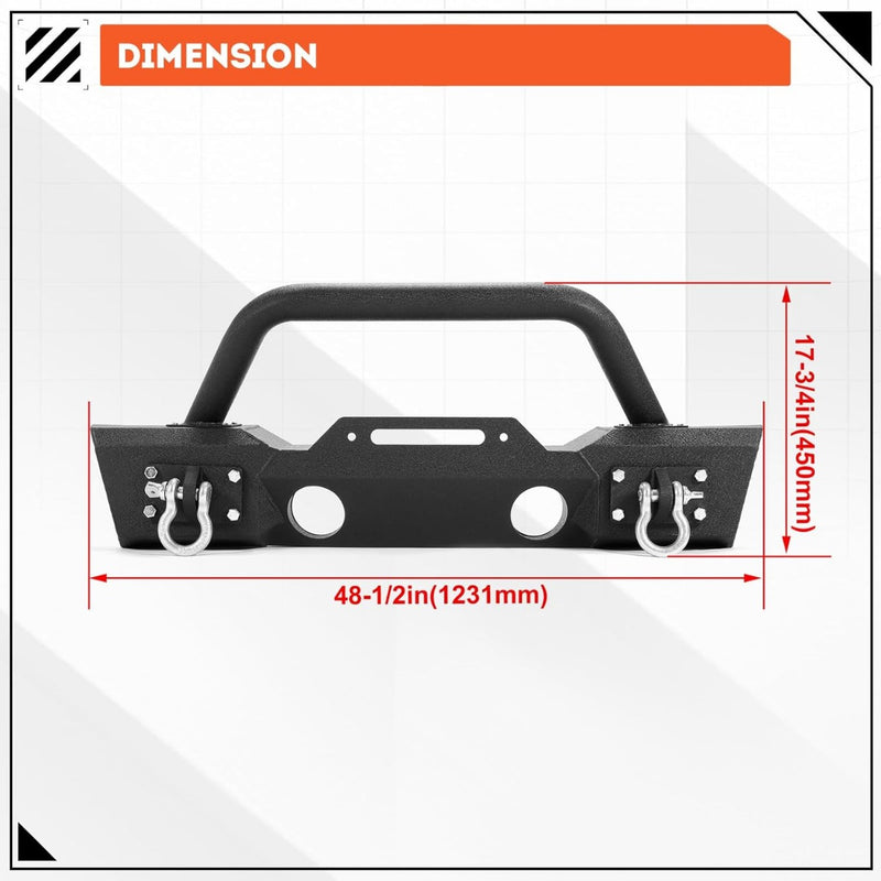 Stubby Front Bumper Compatible With 2007-2024 Jeep Wrangler JK JL Gladiator JT W/Fog Light Housing & D-rings Steel Powder Coated Black LYAM-295V